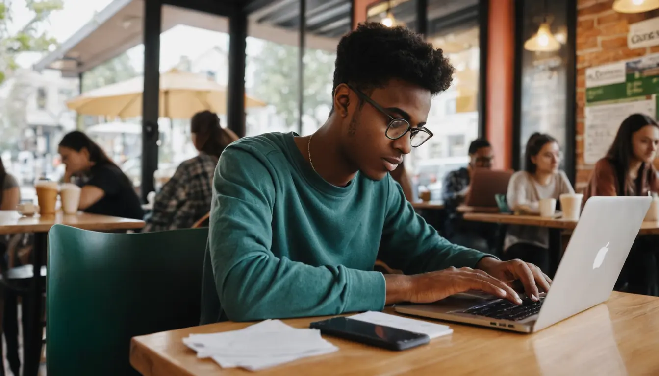 A college student working on a laptop at a café, symbolizing freelancing opportunities.